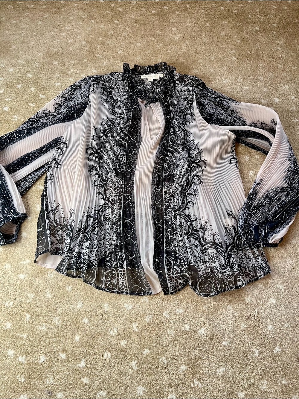 Anthropologie Black & White Pleated Ruffle-Neck Blouse